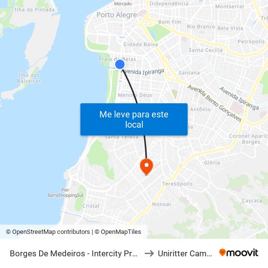 Borges De Medeiros - Intercity Premium (Fora Do Corredor) to Uniritter Campus Zona Sul map