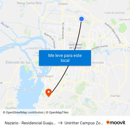 Nazário - Residencial Guajuviras 1 to Uniritter Campus Zona Sul map