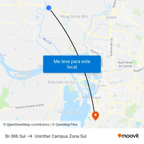 Br-386 Sul to Uniritter Campus Zona Sul map
