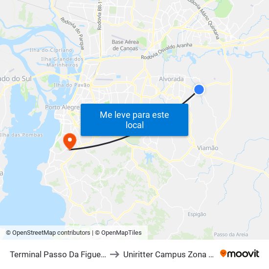 Terminal Passo Da Figueira to Uniritter Campus Zona Sul map