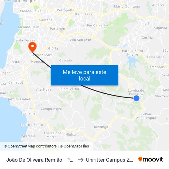 João De Oliveira Remião - Parada 17 to Uniritter Campus Zona Sul map