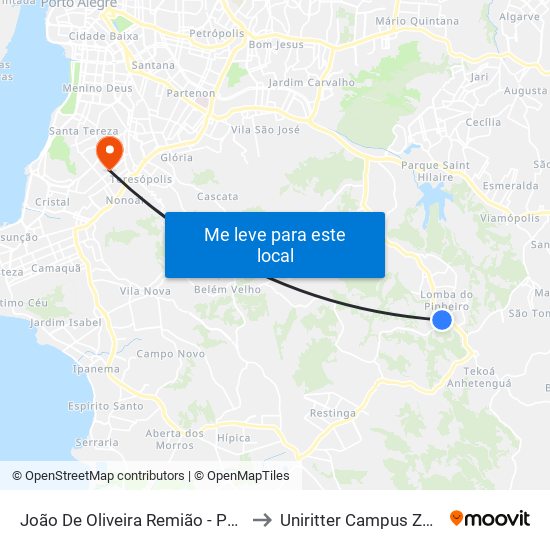 João De Oliveira Remião - Parada 16 to Uniritter Campus Zona Sul map