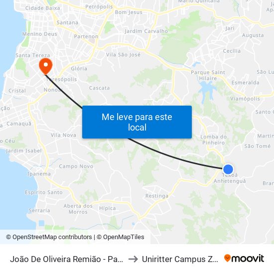 João De Oliveira Remião - Parada 21-A to Uniritter Campus Zona Sul map