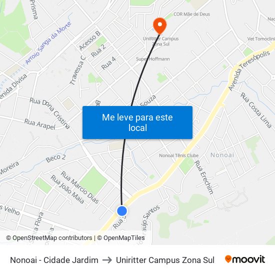 Nonoai - Cidade Jardim to Uniritter Campus Zona Sul map