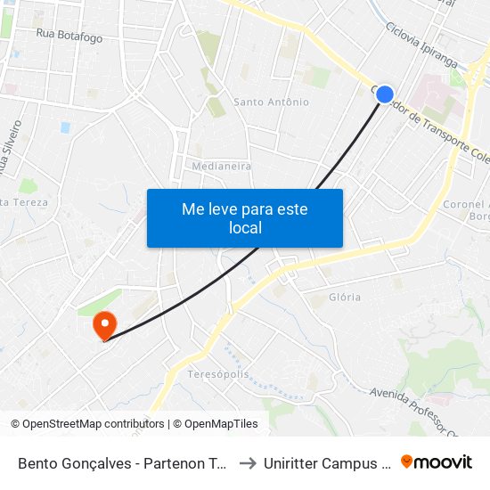 Bento Gonçalves - Partenon Tênis Clube Cb to Uniritter Campus Zona Sul map