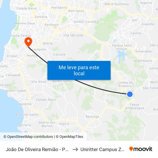 João De Oliveira Remião - Parada 19 to Uniritter Campus Zona Sul map