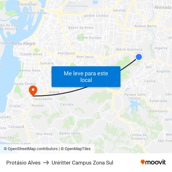 Protásio Alves to Uniritter Campus Zona Sul map