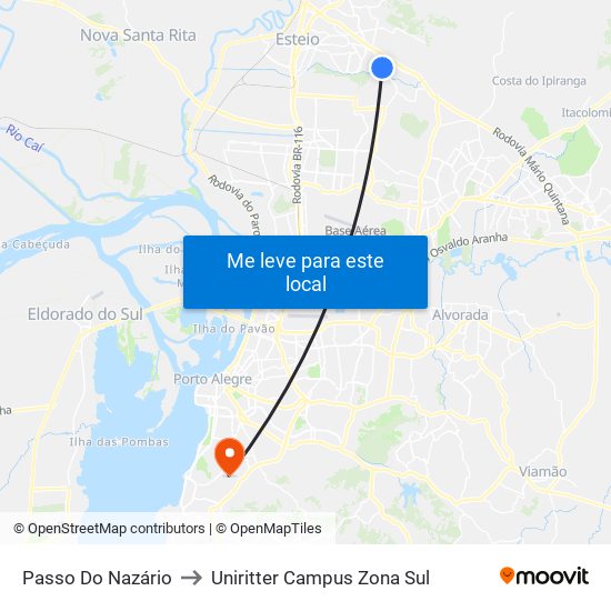 Passo Do Nazário to Uniritter Campus Zona Sul map