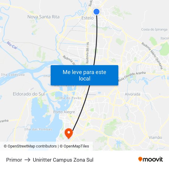 Primor to Uniritter Campus Zona Sul map