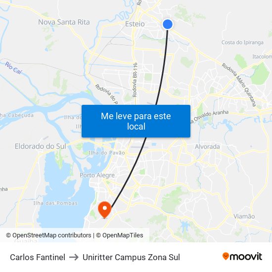 Carlos Fantinel to Uniritter Campus Zona Sul map