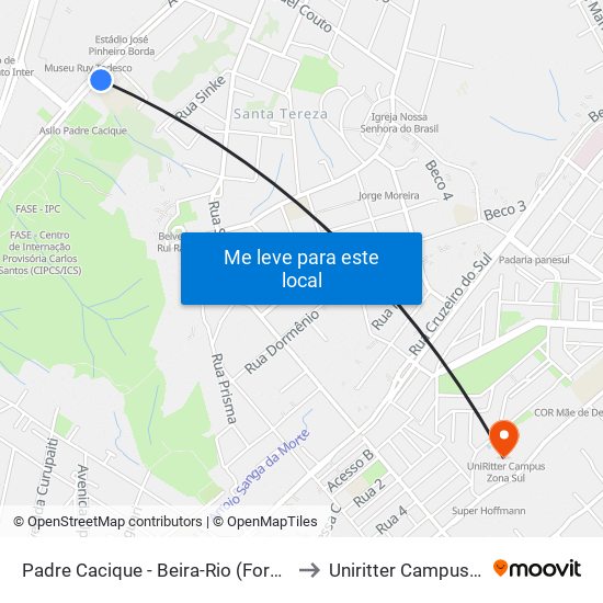 Padre Cacique - Beira-Rio (Fora Do Corredor) to Uniritter Campus Zona Sul map
