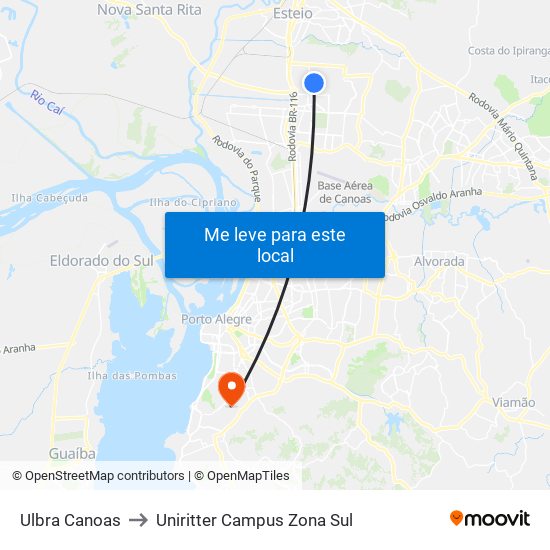 Ulbra Canoas to Uniritter Campus Zona Sul map