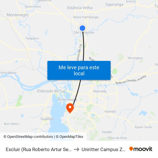 Excluir (Rua Roberto Artur Sewald, 13) to Uniritter Campus Zona Sul map