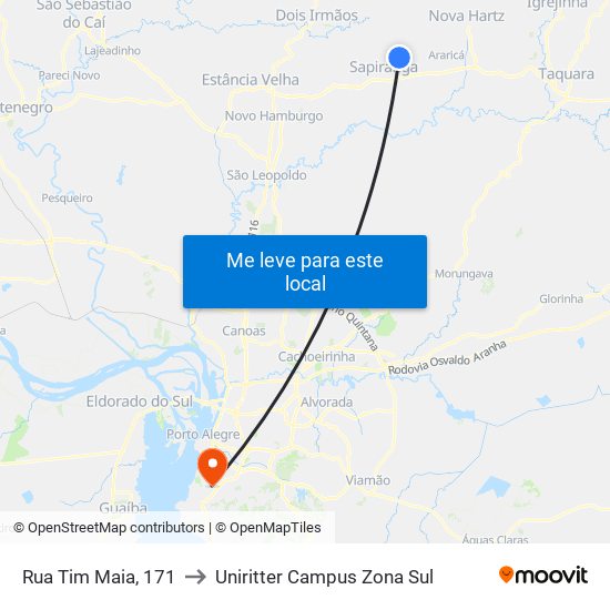 Rua Tim Maia, 171 to Uniritter Campus Zona Sul map