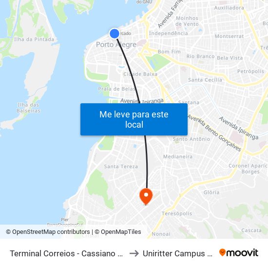 Terminal Correios - Cassiano Nascimento to Uniritter Campus Zona Sul map