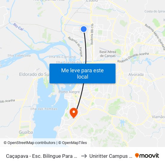 Caçapava - Esc. Bilíngue Para Surdos Vitória to Uniritter Campus Zona Sul map