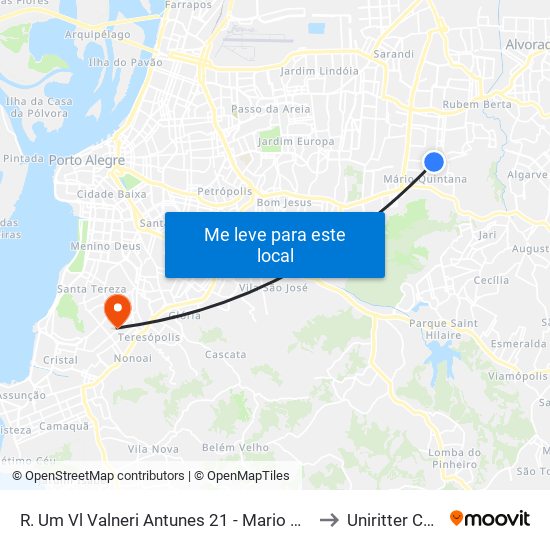 R. Um Vl Valneri Antunes 21 - Mario Quintana Porto Alegre - Rs 91270-770 Brasil to Uniritter Campus Zona Sul map