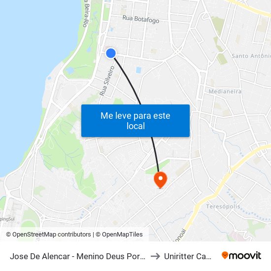 Jose De Alencar - Menino Deus Porto Alegre - Rs 90680-170 Brasil to Uniritter Campus Zona Sul map