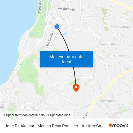 Jose De Alencar - Menino Deus Porto Alegre - Rs 90680-170 Brasil to Uniritter Campus Zona Sul map