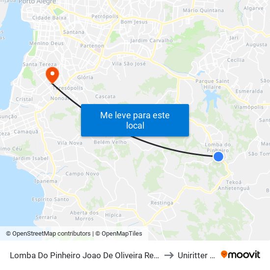 Lomba Do Pinheiro Joao De Oliveira Remiao - Lomba Do Pinheiro Porto Alegre - Rs 91570-730 Brasil to Uniritter Campus Zona Sul map