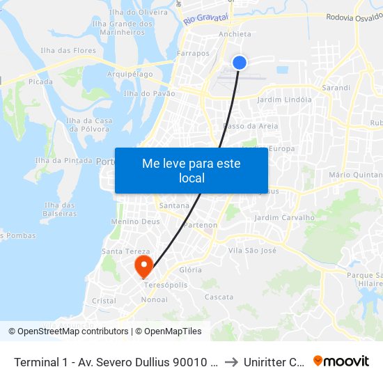 Terminal 1 - Av. Severo Dullius 90010 - São João Porto Alegre - Rs 90200-310 Brasil to Uniritter Campus Zona Sul map