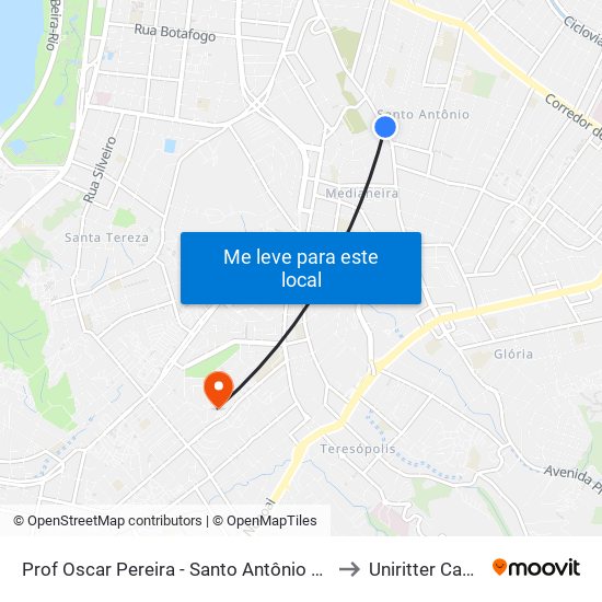 Prof Oscar Pereira - Santo Antônio Porto Alegre - Rs 90450-190 Brasil to Uniritter Campus Zona Sul map