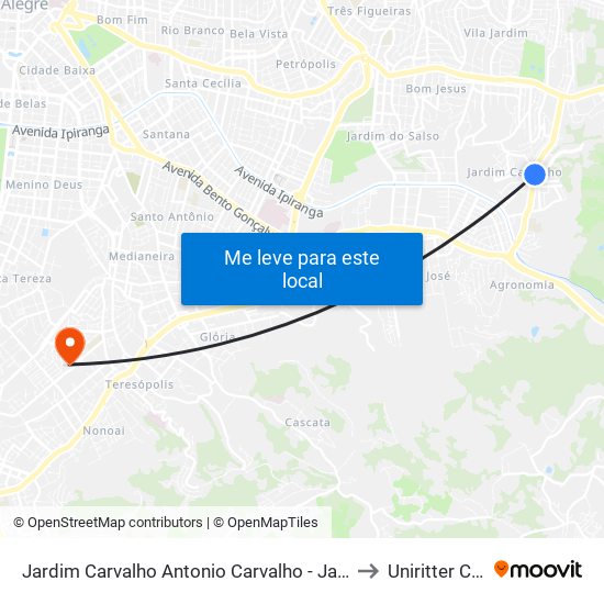 Jardim Carvalho Antonio Carvalho - Jardim Carvalho Porto Alegre - Rs 91430-755 Brasil to Uniritter Campus Zona Sul map