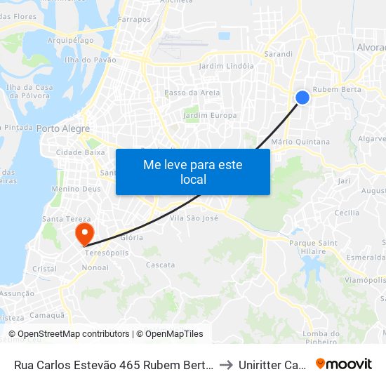 Rua Carlos Estevão 465 Rubem Berta Porto Alegre - Rs 91240-000 Brasil to Uniritter Campus Zona Sul map