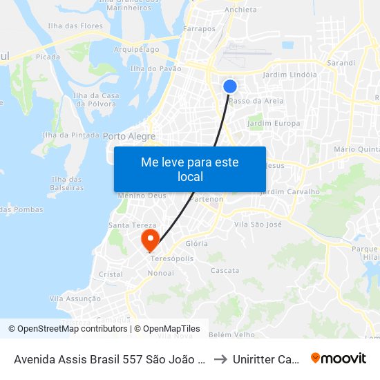 Avenida Assis Brasil 557 São João Porto Alegre - Rs 90550-130 Brasil to Uniritter Campus Zona Sul map