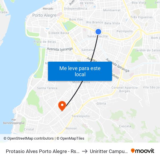 Protasio Alves Porto Alegre - Rs 90520-280 Brasil to Uniritter Campus Zona Sul map