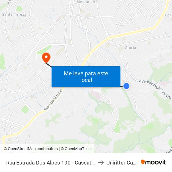 Rua Estrada Dos Alpes 190 - Cascata Porto Alegre - Rs 91720-120 Brasil to Uniritter Campus Zona Sul map