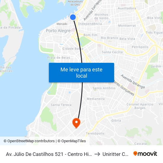 Av. Júlio De Castilhos 521 - Centro Histórico Porto Alegre - Rs 90030-040 Brasil to Uniritter Campus Zona Sul map