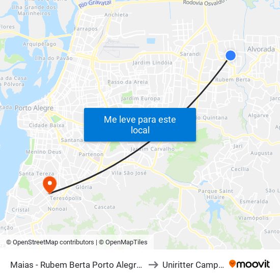 Maias - Rubem Berta Porto Alegre - Rs 91170-001 Brasil to Uniritter Campus Zona Sul map