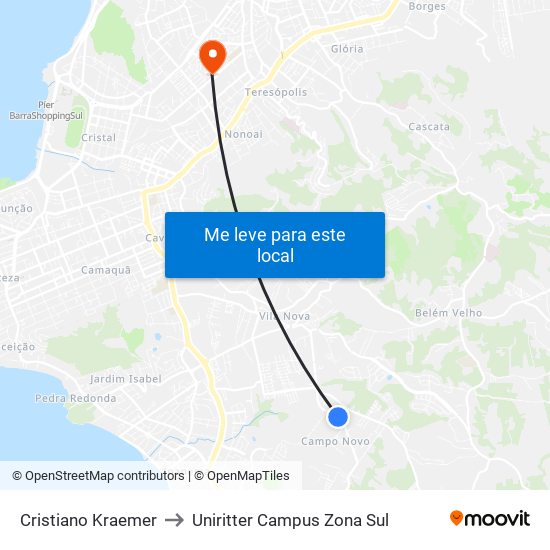 Cristiano Kraemer to Uniritter Campus Zona Sul map