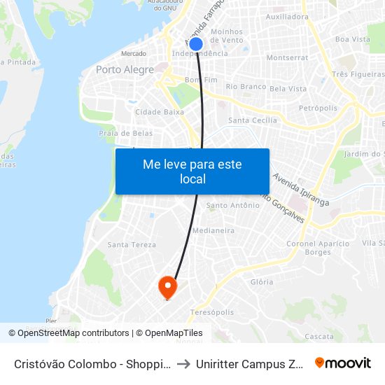 Cristóvão Colombo - Shopping Total to Uniritter Campus Zona Sul map
