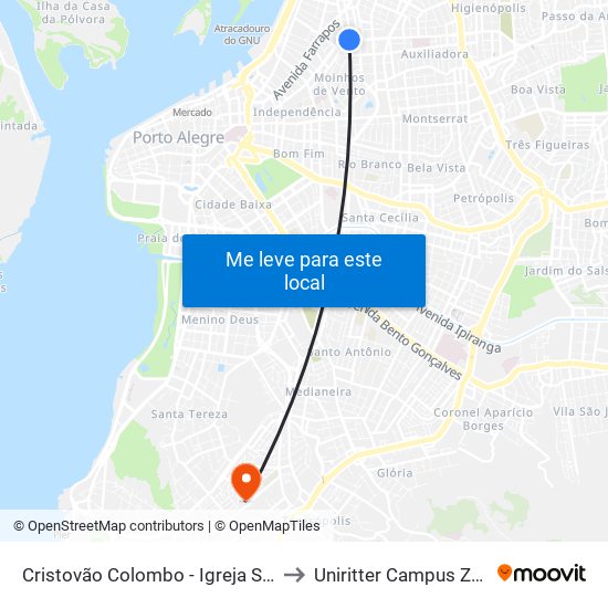 Cristovão Colombo - Igreja São Pedro to Uniritter Campus Zona Sul map