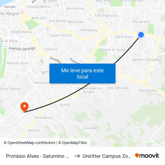 Protásio Alves - Saturnino De Brito to Uniritter Campus Zona Sul map