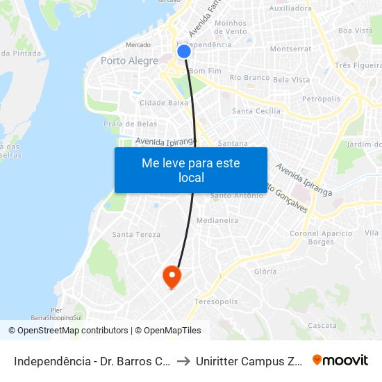 Independência - Dr. Barros Cassal Bc to Uniritter Campus Zona Sul map
