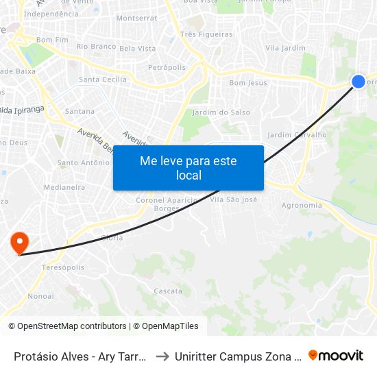 Protásio Alves - Ary Tarragô to Uniritter Campus Zona Sul map