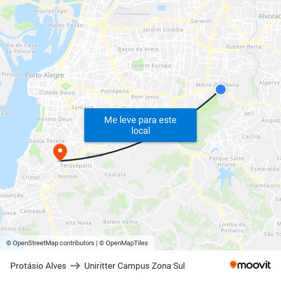 Protásio Alves to Uniritter Campus Zona Sul map
