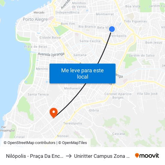 Nilópolis - Praça Da Encol to Uniritter Campus Zona Sul map