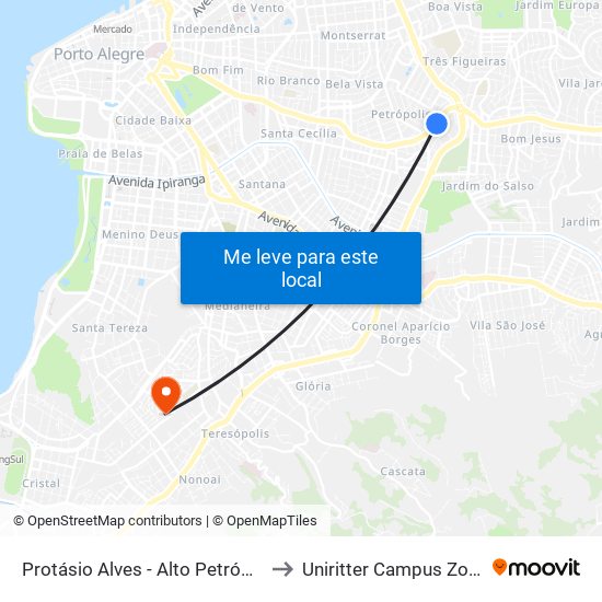 Protásio Alves - Alto Petrópolis Cb to Uniritter Campus Zona Sul map