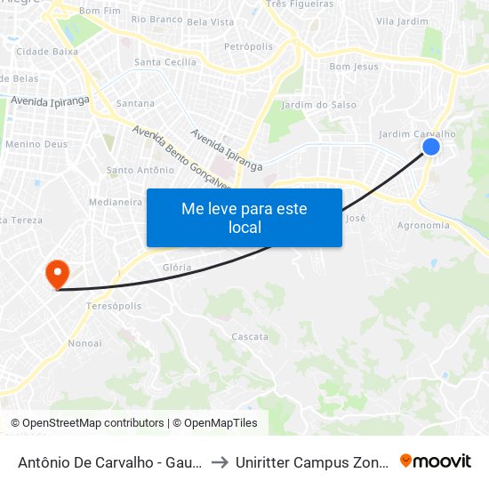 Antônio De Carvalho - Gauchão to Uniritter Campus Zona Sul map