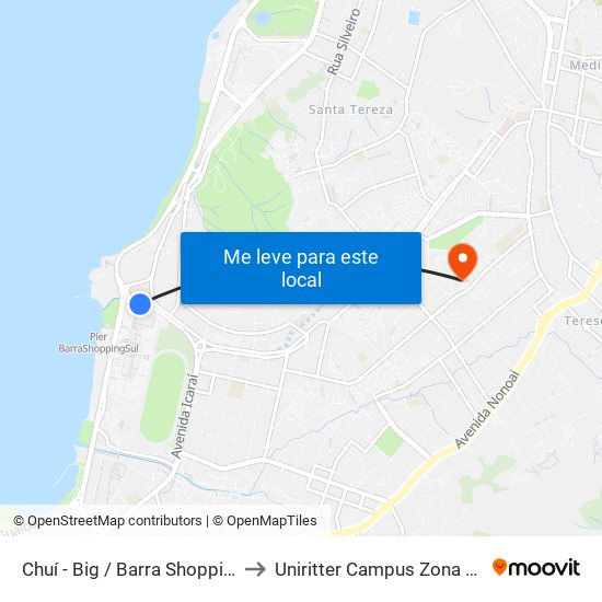 Chuí - Big / Barra Shopping to Uniritter Campus Zona Sul map