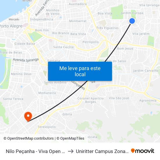 Nilo Peçanha - Viva Open Mall to Uniritter Campus Zona Sul map