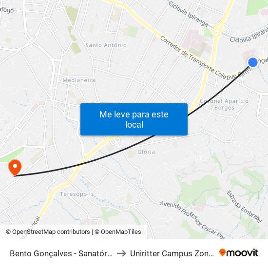 Bento Gonçalves - Sanatório Cb to Uniritter Campus Zona Sul map