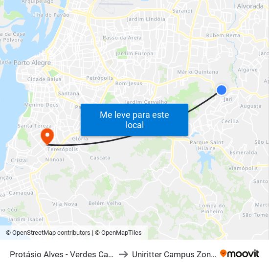 Protásio Alves - Verdes Campos to Uniritter Campus Zona Sul map