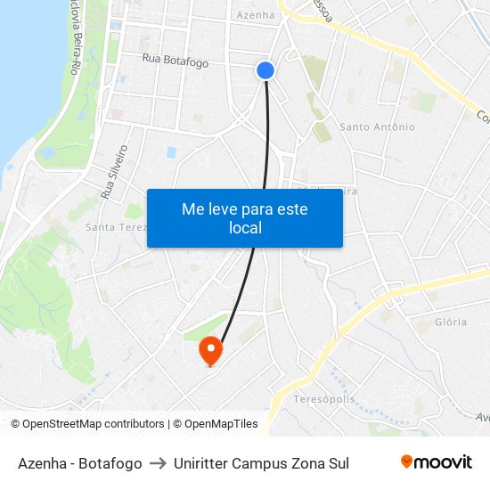 Azenha - Botafogo to Uniritter Campus Zona Sul map