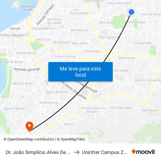 Dr. João Simplício Alves De Carvalho to Uniritter Campus Zona Sul map