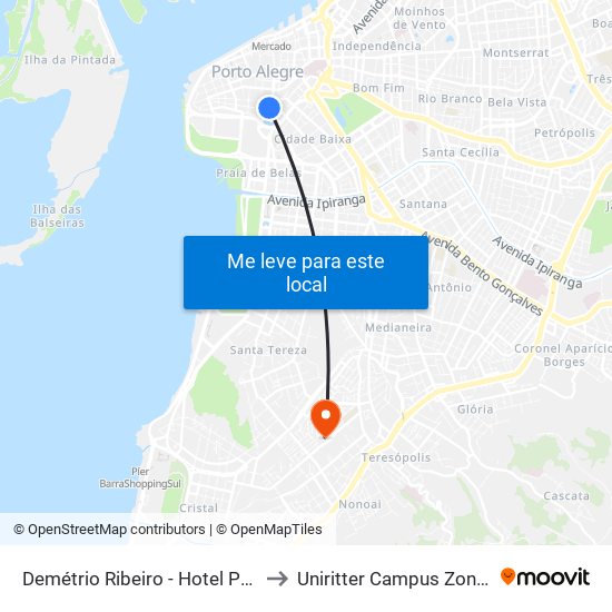 Demétrio Ribeiro - Hotel Pampa to Uniritter Campus Zona Sul map